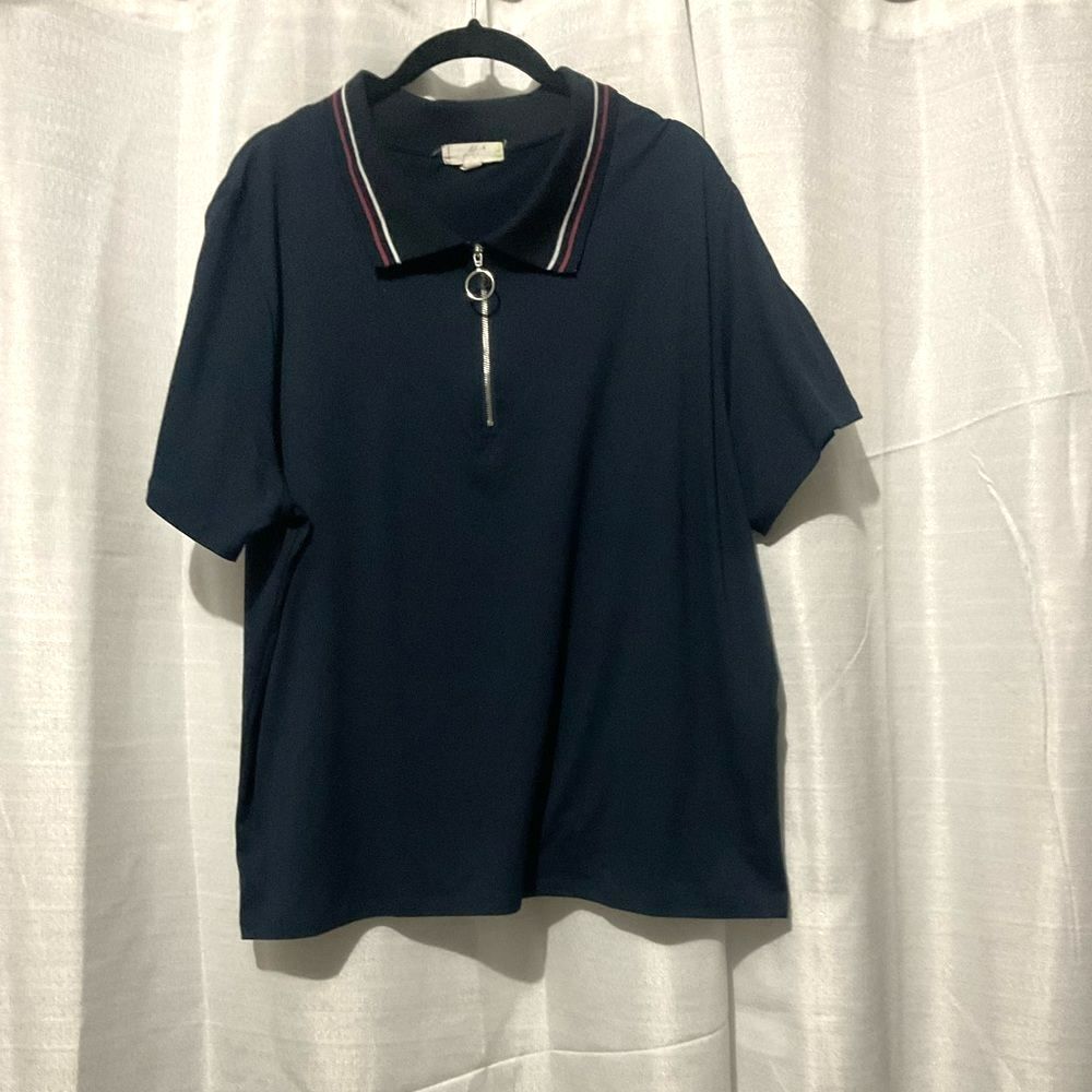 Glitz Navy Blue Quarter-Zip Polo Shirt - Ring Zipper Detail Striped Collar Sz3XL